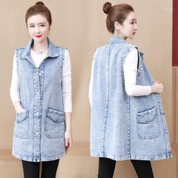 Women's Vests Hodisytian Women Denim Vest Patchwork Jaqueta Coat Long Jeans Jacket Casual Tops Outerwear Cardigans Casaco Female Plus Size1