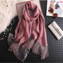 2022 Solid Beading women scarf summer silk scarves lady shawl wrap hijab foulard female bandana pashmina Pearl jewel headband Y220228