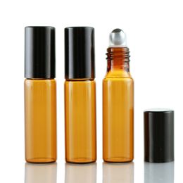 200Pcs/lot 5ml glass perfume bottles brown refillable roll on bottles for essential oils glass vials with steel or glass roller