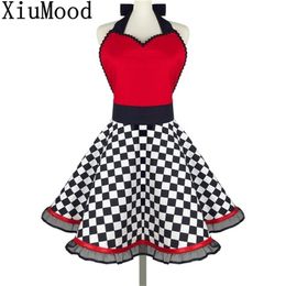 XiuMood Apron Home Cleaning Kitchen el Restaurant Waiter Maid Cotton Black And White Plaid Chiffon Lace Aprons For Women 211222