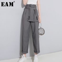 [EAM] Spring High Waist Lace Up Black Slim Temperament Tide Trend Fashion New Women's Wild Casual Wide Leg Pants LA462 201102