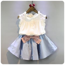 Kleidung 2-8 Jahre Kinder für Mädchen der Bogenrock und Spitzenoberteil Sommeranzug koreanischen Stil Kinderbekleidung Sets Baby Kleinkind Set