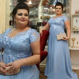 Light Sky Blue Chiffon Mother of the Bride Dresses Short Sleeves Evening Gowns Plus Size Lace Empire Waist Arabic Mother's Dress AL7195