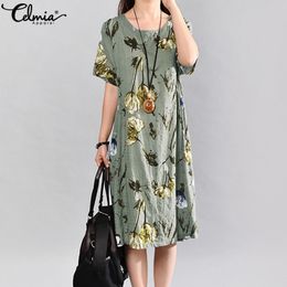 Summer Dress Celmia Women Bohemian Floral Print Linen Sundress Lady Short Sleeve Casual Loose Retro Midi Vestidos Plus Size 5XL T200416