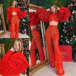 Elegant Red Evening Dresses Long Sleeves Lace Beads Sequin Prom Gowns Custom Made Sexy Ankle Length Sheath Special Occasion Dress