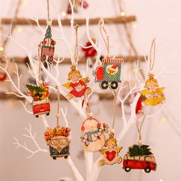 6PCS Cute Christmas Painted Wooden Pendant DIY Angel/Snowman/Car Craft Xmas Tree Hanging Ornament Kids Gift Party Decorations Y201020