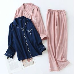 QWEEK Pyjamas for Women Heart Embroidery Cotton Pijama Mujer Sleepwear Long Sleeve Nightie Pyjamas Women Dropshipping 201027