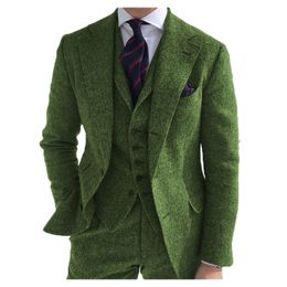 Mens Business 3 Pieces Suits Green Wool Retro Classic Herringbone Pattern Groom Tweed Tuxedos for Wedding (Blazer+Pants+Vest) 201105