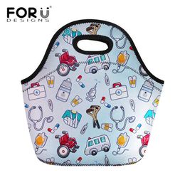 FORUDESIGNS Travel Insulated Lunch Bags Women Cute Cartoon Nurse Print Neoprene Food Case School Cooler Warm Large Box for Kids T200709