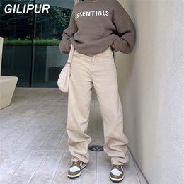 Beige Women's Jeans Autumn Winter Fashion Streetwear Denim Casual Low Waist Loose Straight Pants White Vintage Baggy 220310