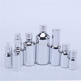 12pcs Empty UV Electroplate Silver Perfume Cream Spray Lotion Pump Refillable Essential Oil Dropper Glass Bottles 201013