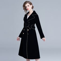 Women Velvet Coat Long Velvet Coats Modern Lady Trench Coat Black Long Sleeve Belted Winter Jacket 201103