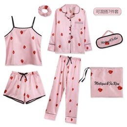 Strawberry Print 7pcs Pyjamas Sets Women Sleepwear Silk Satin Pyjamas Pyjamas Set Long Sleeve Winter and Summer Full Pyjamas Set Y200708