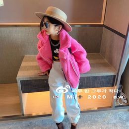 Children's wool sweater 2020 late autumn and winter children's jacket girls rose red plush medium and big children's jacket LJ201125