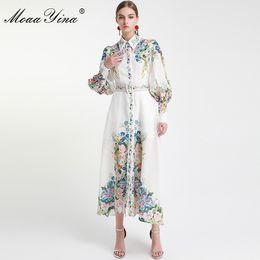 MoaaYina Fashion Designer Runway dress Spring Autumn Women Dress Lantern Sleeve Floral-Print Vacation Dresses 201204