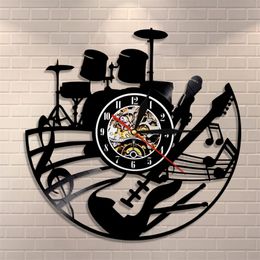 Guitar and Drum Kits Wall Clock Guitar Player Music Vinyl Record Clock Rock Music Instrument Guitar Wall Art Rock n Rock Gift 201202