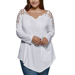 Plus Size Fashion Summer Lady Lace Women Girls Long Sleeve T-shirt Casual Top V-Neck Solid Lace Large Size Woman Clothes 6XL 7XL 201028