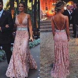 Dusty Pink Prom Dresses Sexy Backless Floor Length Lace Applique Beaded Waist V Neck Spaghetti Straps Custom Made Evening Party Gowns