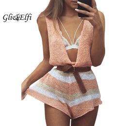 2020 Summer Beach Casual Bodycon Pink Women Jumpsuit Knitted Wihtout Sleeve Striped Loose Backless Sexy Costume Female Playsuit T200704