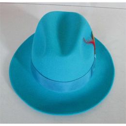 Men's Fashion Fedoras Wool Cap Male Lake Blue Jazz Wool Cap Classic Light Blue Felt Fedora Hat Godfather Hat Cowboy Cap B-8119 Y200110