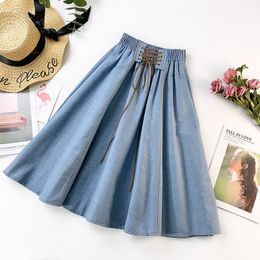PEONFLY Autumn Winter Fashion Women Skirt Solid Color Lace-up High Waist Denim Skirt Retro Pleated Midi Denim Flared Skirts 201109