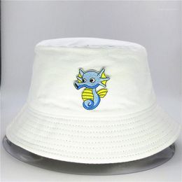 Cloches 2021 Style Cartoon Seahorse Embroidery Bucket Hat Fisherman Outdoor Travel Sun Cap Hats For Men And Women 131