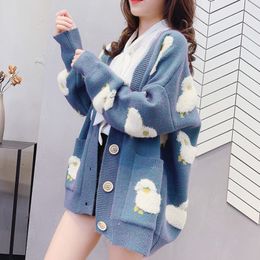 Cardigan Women Sweater Loose Oversize Women Long Sleeve Cartoon Sheep Elegant Cardigan Tops Sweet Knitted Coat Jacket Women 210218