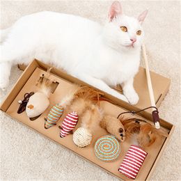 7 Style/1 Set Cat Toy Hemp Rope Interactive Stick Funny Cats Toys Kitten Mouse Fishing Game Wand Feather Accessory LJ201125