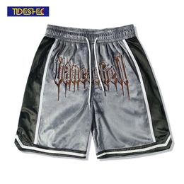 Men Hip Hop Gold Velvet Embroidered High Street Shorts Casual Summer Wide Leg Pants Straight Baggy Streetwear 220301