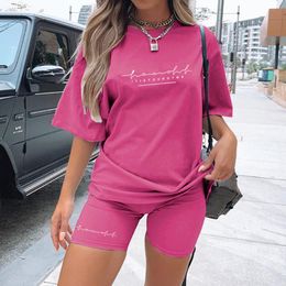 Yoga Outfit Letter Printed Biker Shorts 2 Piece Set Oversize Pullover Tshirt Jogger Short Sets For Women Summer Tracksuit Sexy Outfits