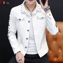 Wholesale Autumn Winter Fashion hip hop white denim jacket male Cowboy Ripped hole denim clothing social guy rivet jacket 201118