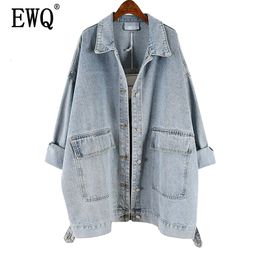 [EWQ] Spring Autumn New Lapel Long Sleeve Denim Patchwork Single Breasted Pockets Vintage Coat Women Jacket Femals AH25701 201112