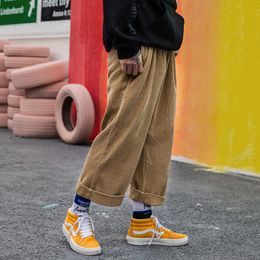 Corduroy Wide Leg Pants Men Women Streetwear Hip-hop Casual Pants Men Japanese Elastic Waist Loose Soild Color Baggy Jogger 201110