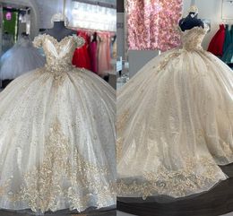 Luxurious Champagne Quinceanera Dresses Off The Shoulder Ball Gown Beaded Appliques Princess Sweet 16 Vestidos De 15 Anos 2022