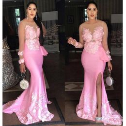 Setwell Jewel Sheer Neck Mermaid Evening Dresses Illusion Long Sleeves Lace Appliques Floor Length Split Prom Party Gowns