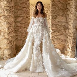 Charming Mermaid Wedding Dresses With Detachable Train Off The Shoulder Long Sleeves Bridal Gowns Sweep Train Tulle robe de mariée