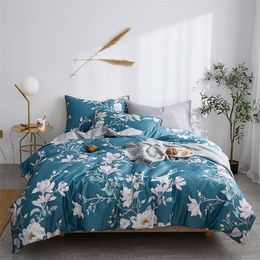 Svetanya White Flowers Blue Leaves Duvet Cover Set Luxury Egyptian Cotton Bedlinens Queen Size Bedding Set Fitted Sheet 201021