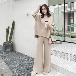 The drape knitting wide-legged pants suit two-piece women new winter cashmere sweater wide-legged pants western style suits 201109