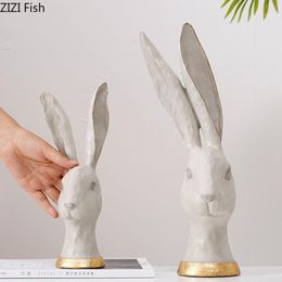 Decorative Objects & Figurines Head Desktop Decor Lovely Cartoon Animal Resin Ornaments Gilded Rabbits Statue Home Decoration Accesso