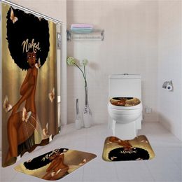 4 Pcs Shower Curtain Sets with Non-Slip Rugs,Toilet Lid Cover and Bath Mat,African Woman Shower Curtains Bathroom Curtain Y200407