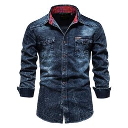 AIOPESON 100% Cotton Slim Fit Denim Shirts Men Casual Solid Colour Long Sleeve s Jeans Autumn Fashion for 220215
