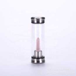 20pcs 550ml Natural Crystal Obelisk Wand Elixir Gemstone Dual Layer Glass Water Bottle Quartz Healing Stainless Steel Cup