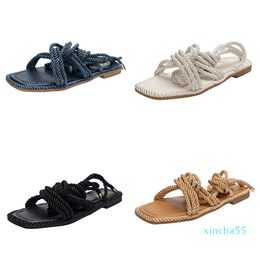 Tide hemp rope pure Colour cool sandals famous designer women vogue square head outside take sliplers sandals lazy person