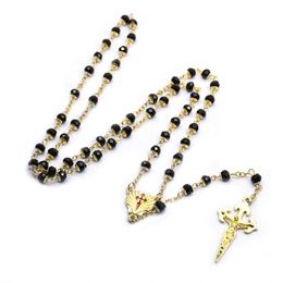 Santiago Cross Rosary Necklace Gold Cross Black Crystal Catholic Necklace Religious Jewellery