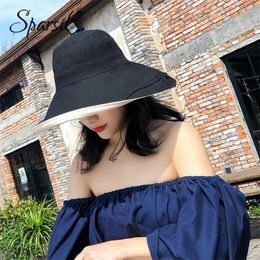 Sparsil Women Summer Wide Brim Sun Hats 2-Side Foldable Sunscreen Hat Linen Crimping Brim Caps Travel Beach Cap Panama With Rope Y200602