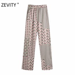 Zevity women vintage geometric print wide leg pants female elastic waist casual trousers office wear retro pantalones mujer P900 201106