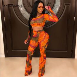 ANJAMANOR Sexy 2 Piece Fall Set Women Club Outfits Leopard Snake Orange Tie Dye Print Long Sleeve Crop Top and Pants D37-AC90 T200702