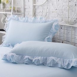 2pcs Princess Lace Pillowcase Polyester Lotus Leaf Girls Room Decorative Pillow Case Solid Colour Flounced Bedroom Pillow Cover Y200104