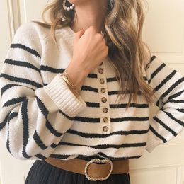 Striped Cotton Knitted Pullover Women Autumn Winter Long Sleeve V neck Vintage Chic Sweater Chic Oversize Jumper Pull 201130