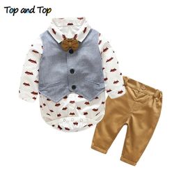 Top and Top fashion baby boys clothing sets infant clothes baby boys gentleman cotton bow tie+ rompers + vest+trousers 4pcs/set LJ201023